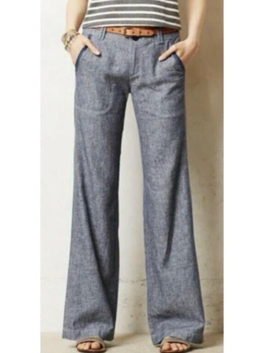 Anthropologie Linen Cotton Trouser Pants Size 6 Blue Chambray Wide Leg Flare